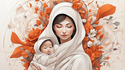 A serene illustration of a mother holding a child,