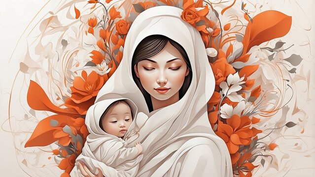 A serene illustration of a mother holding a child,