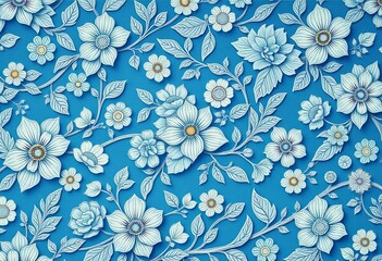 Fototapeta premium Intricate blue floral wallpaper with a soft, vintage-inspired pattern, bloom, close-up