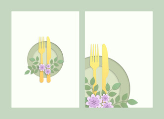 Fork and knife papercut restaurant menu template vector set. Cutlery paper art design. Floral natural food logo illustration