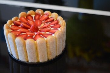 Strawberry Charlotte Cake with Ladyfingers and Cream