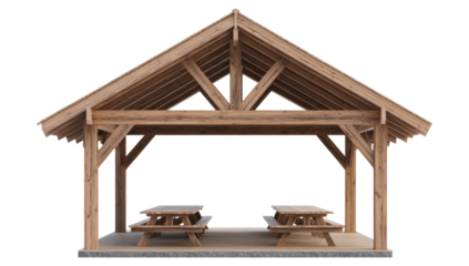 Wooden Pavilion with Picnic Tables