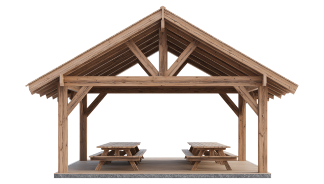 Wooden Pavilion with Picnic Tables