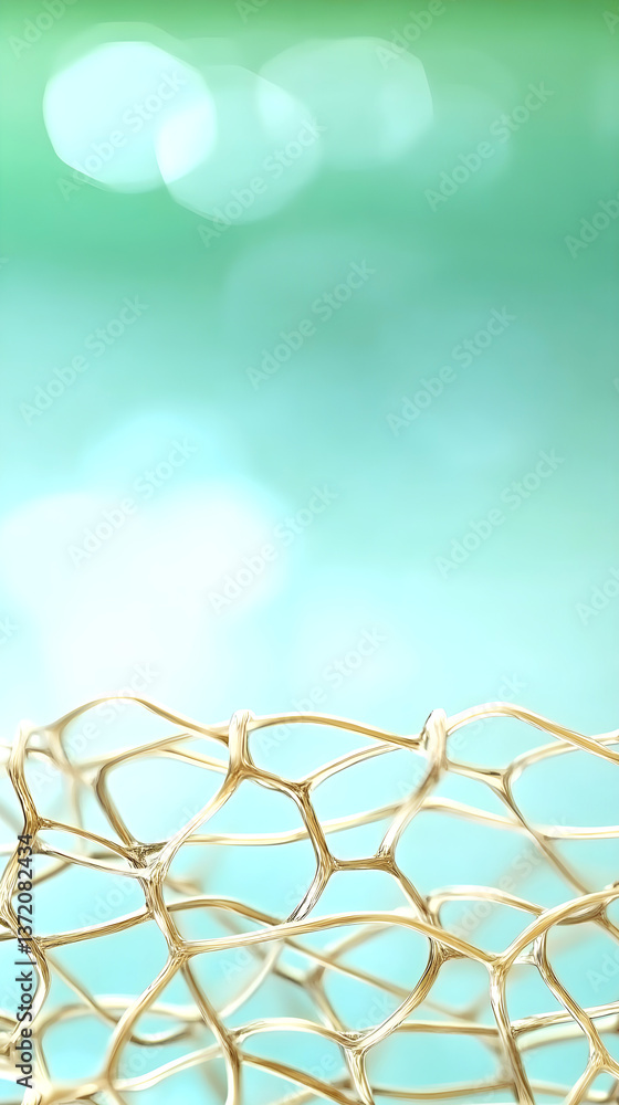 Poster abstract organic mesh structure in golden color with soft turquoise background and glowing bokeh lig