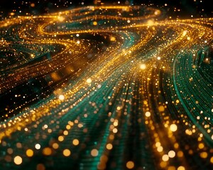 Sparkling golden and teal lines swirling across a dark background