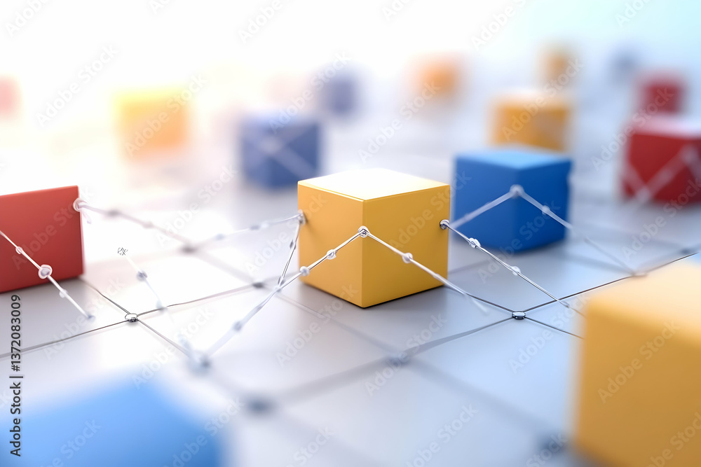 Aufkleber abstract 3d network of connected colorful cubes on a white grid surface