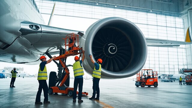 Aircraft mechanics inspect engine repair airplane inside hangar aviation facility