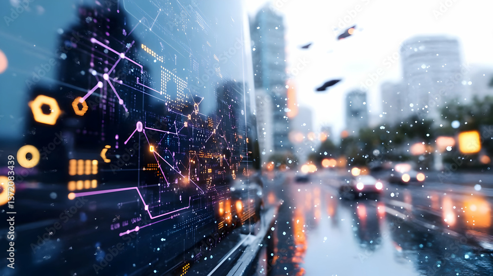 Poster abstract cityscape with digital network overlay and wet streets in urban setting