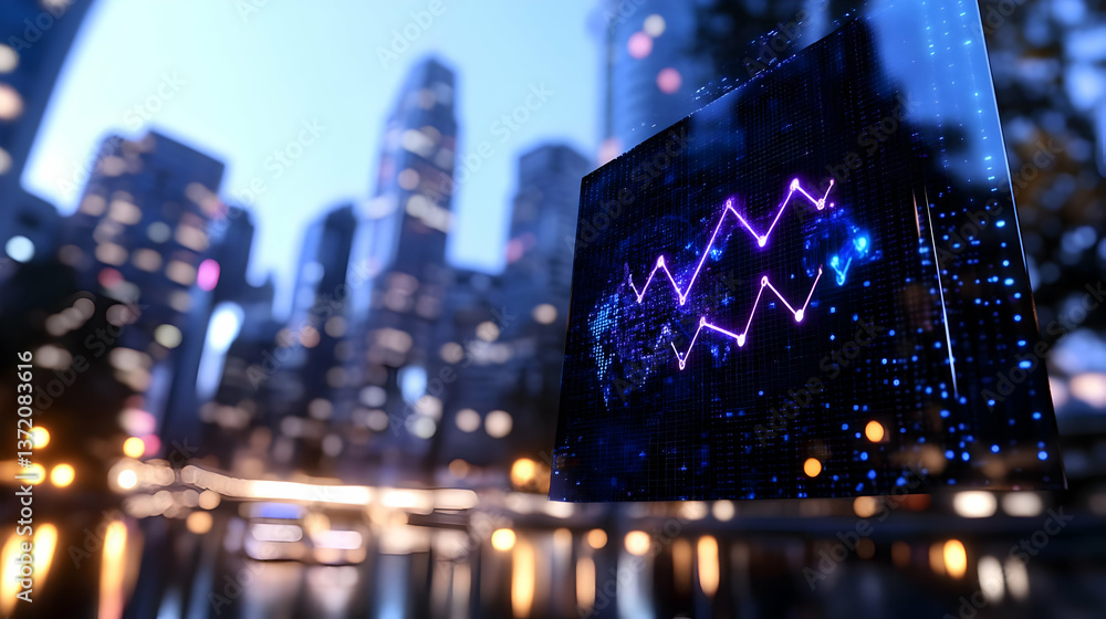 Aufkleber abstract data visualization with neon lines on blurred city background