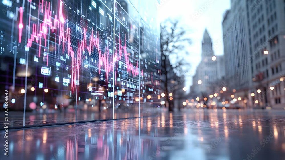 Poster abstract digital cityscape with reflections and data visualization in urban setting