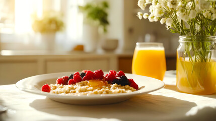 healthy breakfast with muesli and fruits and berries 