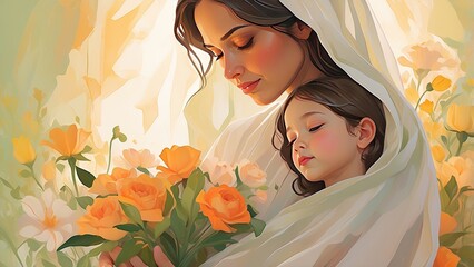 A serene illustration of a mother holding a child,