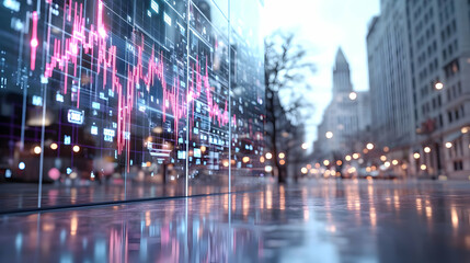 Obraz premium Abstract Digital Cityscape with Reflections and Data Visualization in Urban Setting