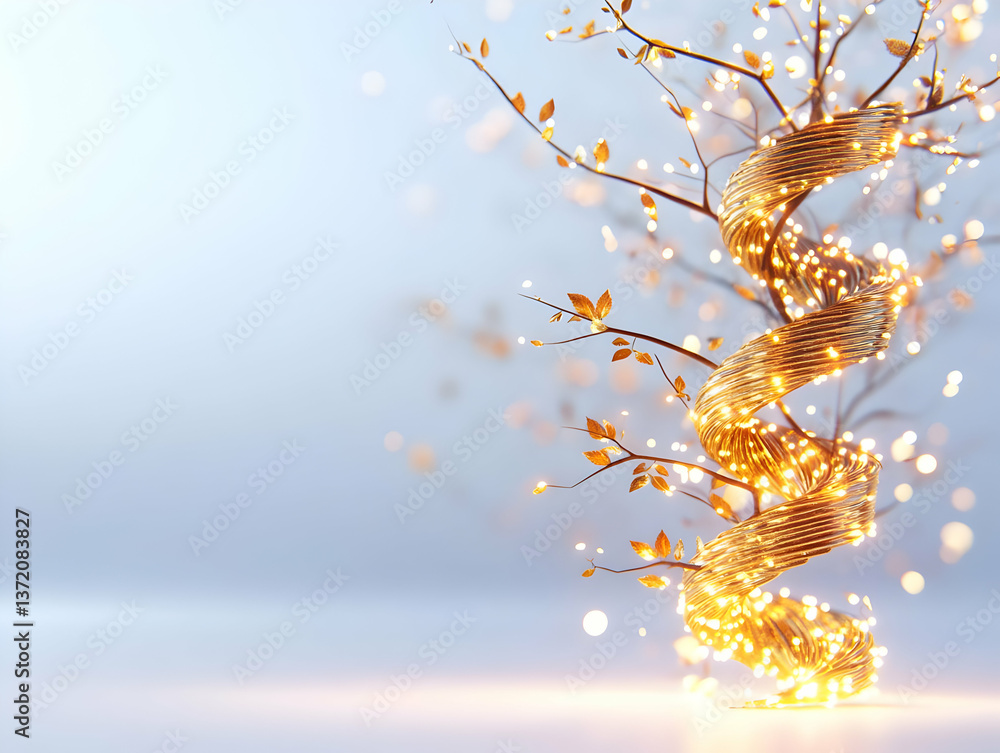 Poster abstract festive golden branch tree with twirling lights and soft background