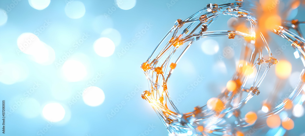 Poster abstract dna molecule structure with luminous nodes on a light blue background