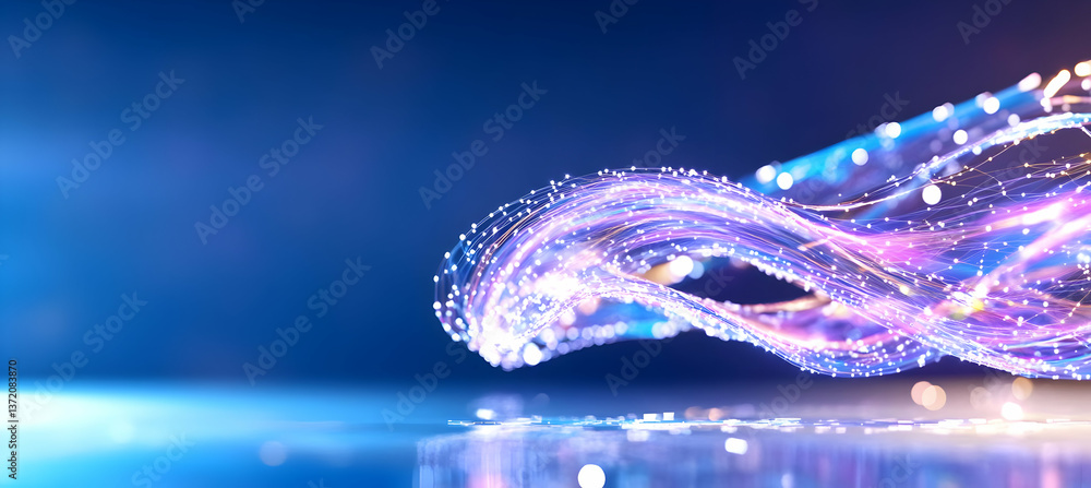 Poster abstract flowing light streaks against a dark blue background creating dynamic visuals