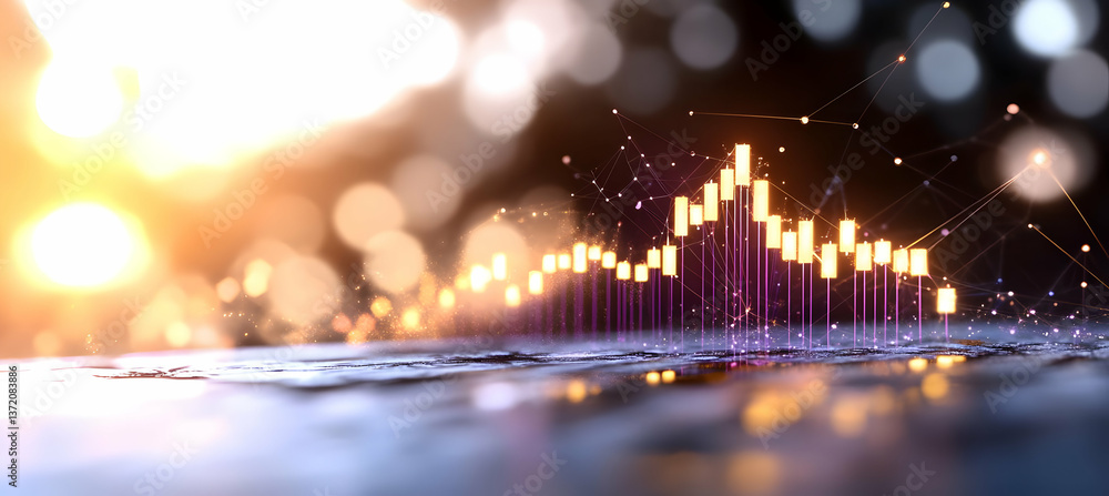 Poster abstract financial data chart with rising columns and connected dots in golden hue