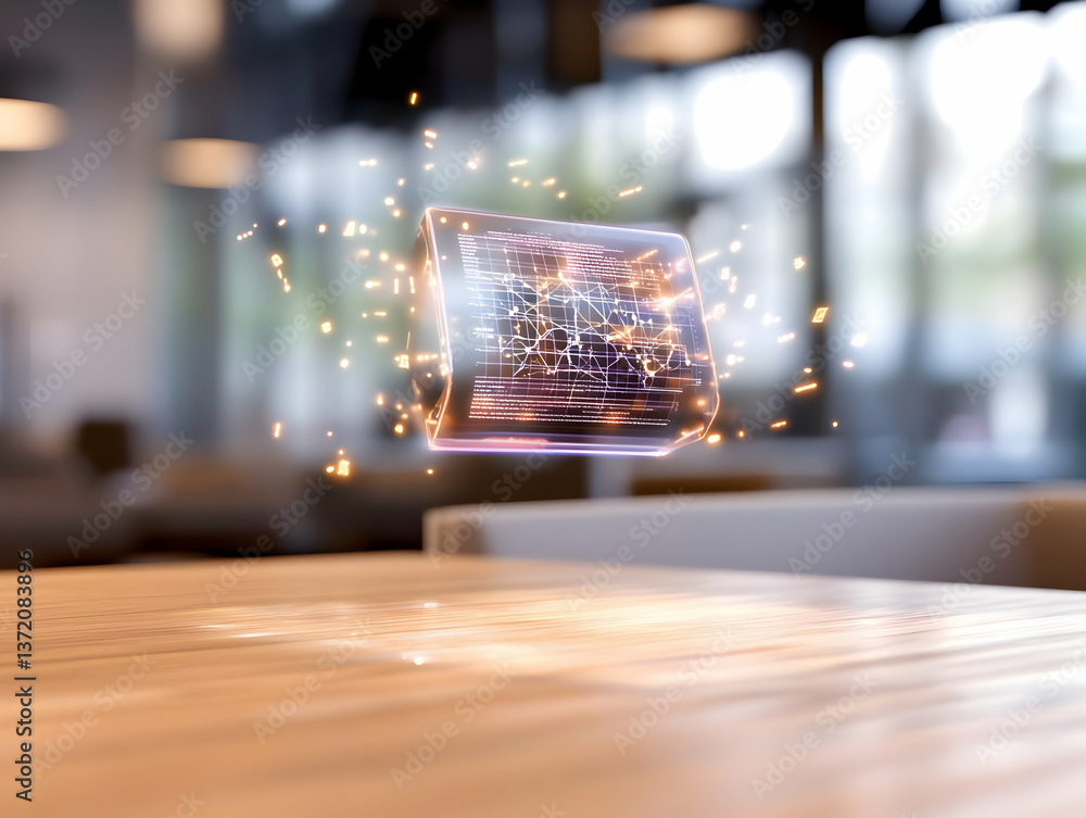 Aufkleber abstract floating cube with glowing sparks on table in modern interior