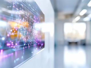 Abstract Digital Network with Purple Nodes on a White Wall in Hallway