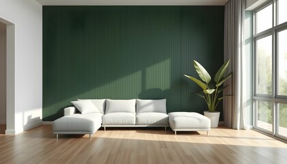 modern minimalist living room, white sofa, dark green accent wall, large windows, wooden floor, potted plant, sunlight, interior design, architectural visualization, photorealistic render