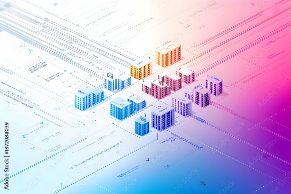 Poster abstract geometric cityscape with pixelated buildings in a modern architectural pattern