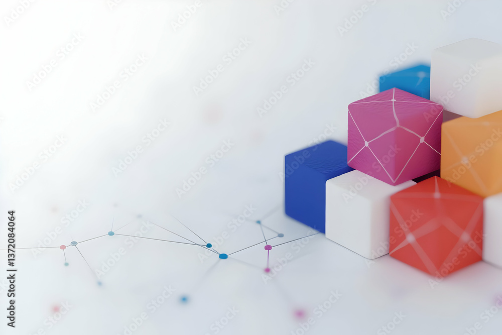 Poster abstract geometric cube composition in pastel colors with interconnected network