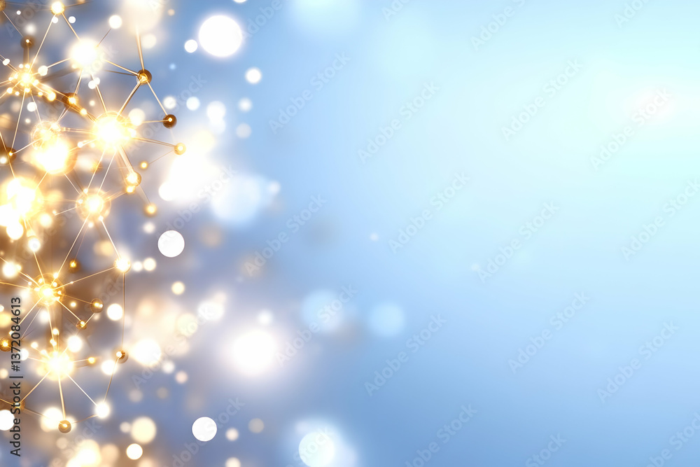 Poster abstract golden network of dotted lines on a soft blue bokeh background