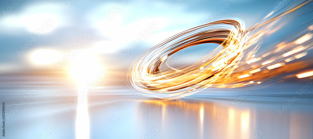 Poster abstract golden ring of data flow on blue surface with bokeh background