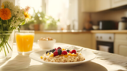 healthy breakfast with muesli and fruits and berries 
