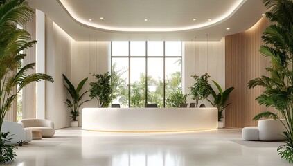 Modern Reception Area Design:  Elegant Lobby with Tropical Plants and Curved Reception Desk, Creating a Serene Atmosphere.