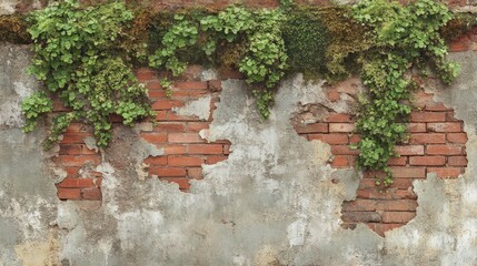 Overgrown brick wall with moss and greenery