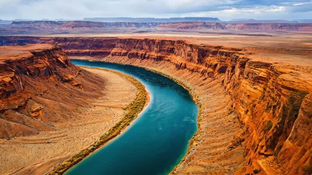 A sweeping view of a winding blue river cutting through red rock formations in a vast desert landscape under cloudy skies.
