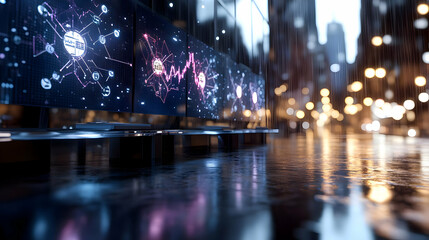 Obraz premium Abstract Illuminated Cityscape Reflection on Wet Pavement at Night Background