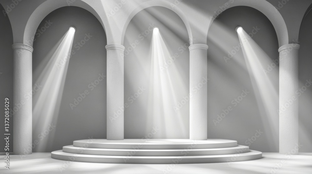 Poster a stage with columns and a podium with light coming from it