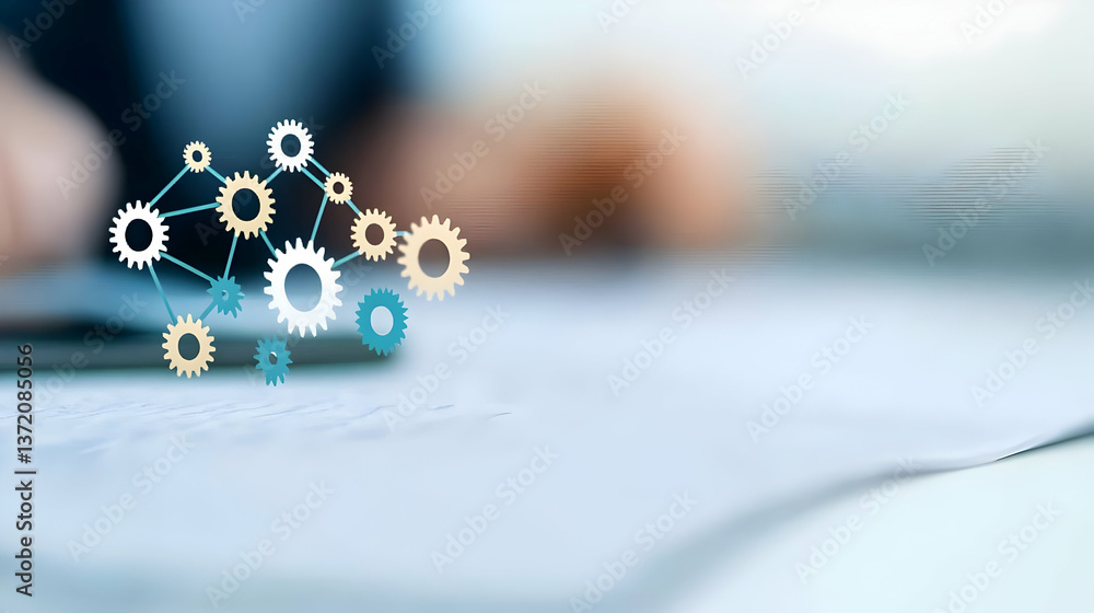 Poster abstract mechanical gears network over blurred business scene in soft lighting