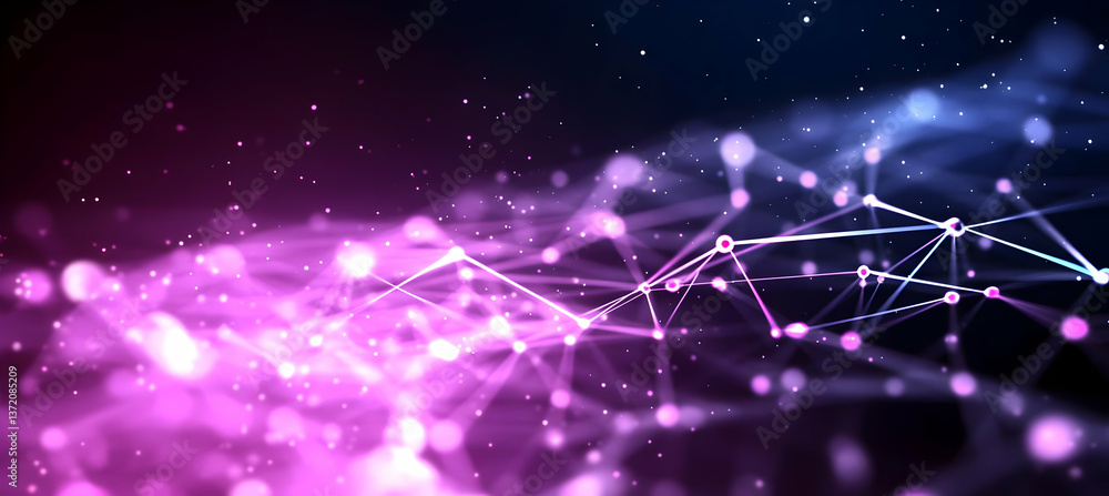 Poster abstract network connection background with glowing nodes in purple and blue