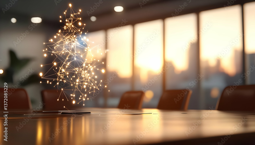 Poster abstract network connection hovering over meeting room table at sunset
