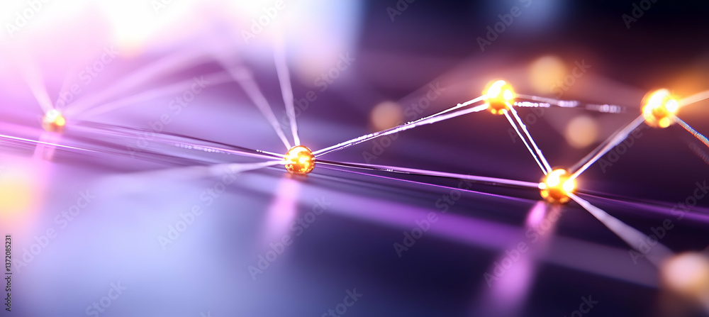 Poster abstract network connection nodes in purple tones with glowing sphere and metallic lines