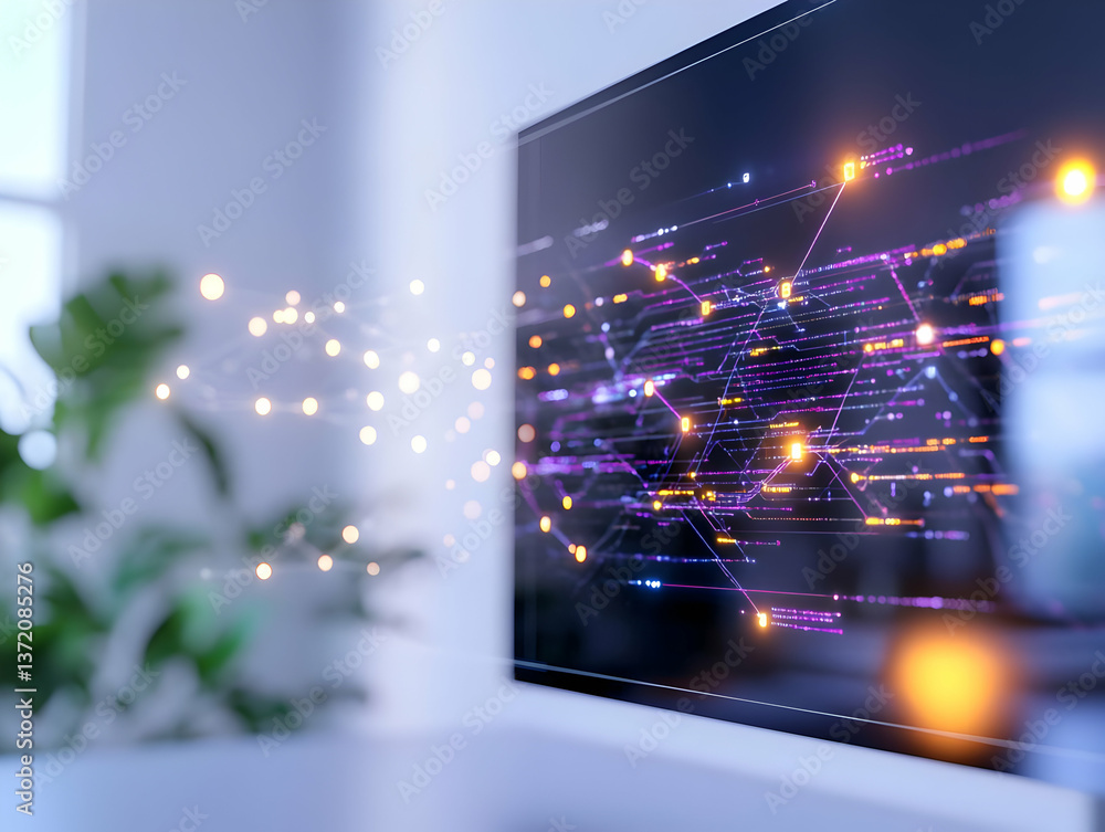 Poster abstract network connection on screen with glowing dots and lines in bright room