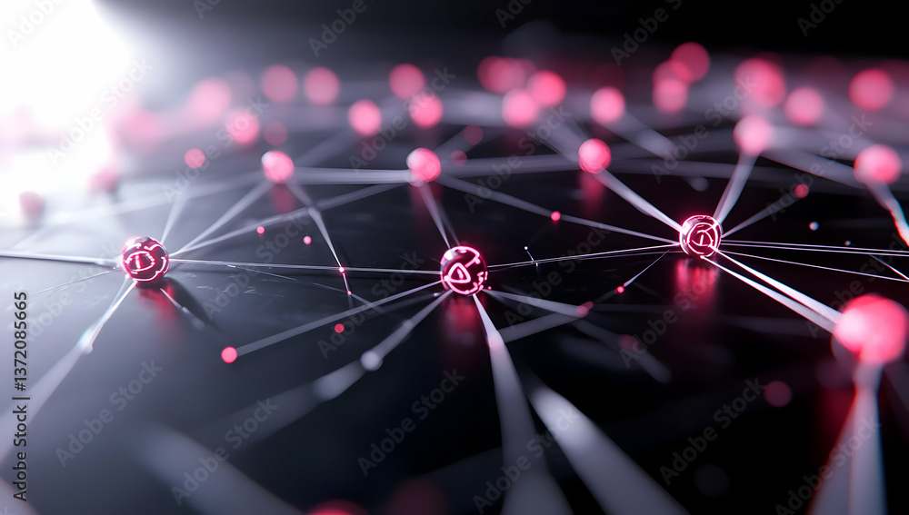 Poster abstract network with glowing red spheres and connection lines on dark surface