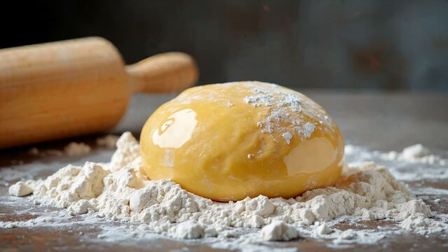 Close-up of shortcrust pastry dough wrapped in cling film on a floured countertop