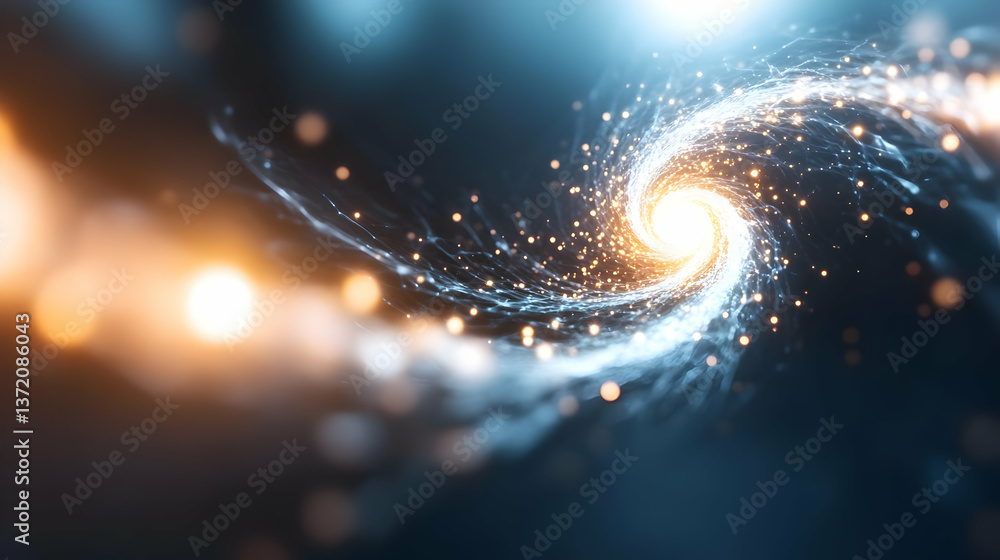 Poster abstract swirl of light particles with bokeh effect on dark blue background