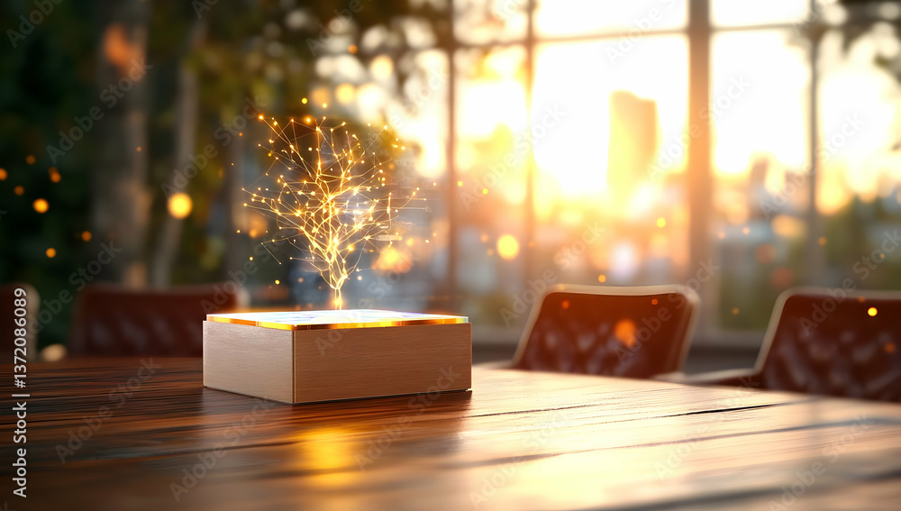 Poster abstract tech display glowing from box on wooden table with city background