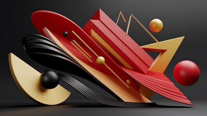 Abstract 3D render of geometric shapes in red, gold, and black, creating a dynamic and modern composition.