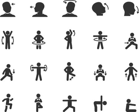 Vector set of warm-up and stretching exercise flat icons. Pixel perfect.