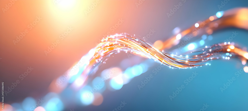Poster abstract wavy lines with glowing particles on blurred blue background in dynamic motion