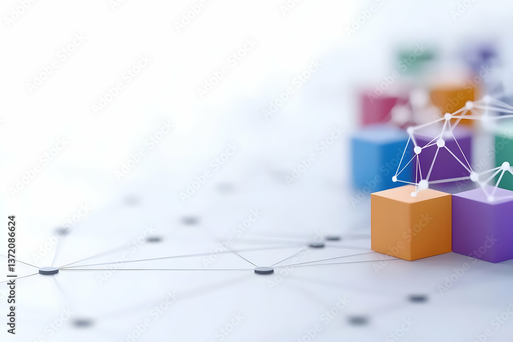 Poster arrangement of colorful cubes connected by network on white surface background