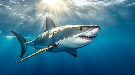 Obraz premium Great white shark underwater view, AI GENERATED