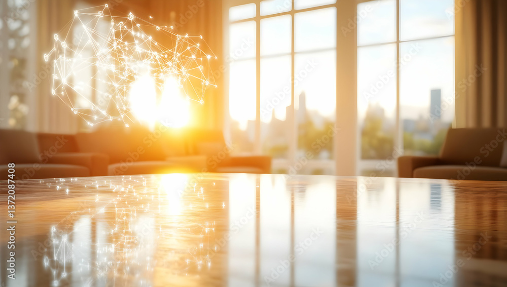 Poster bright modern interior featuring marble table and digital network display rendering