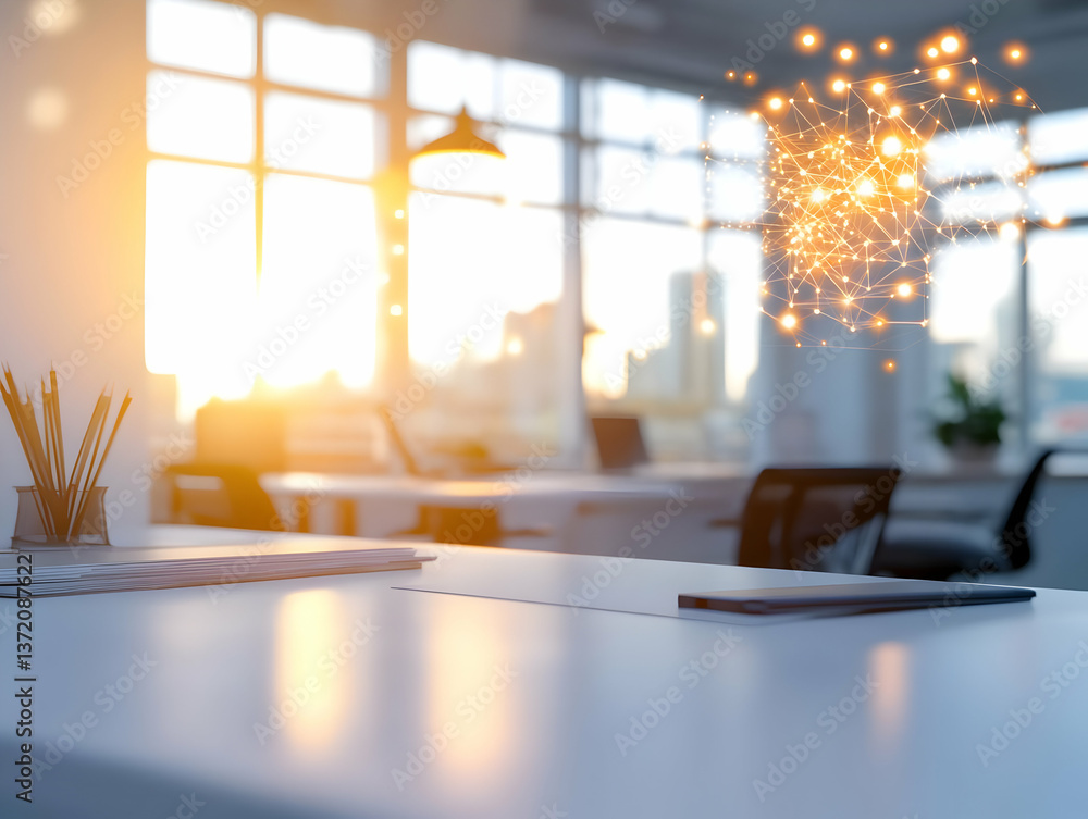 Poster bright open office with white desks chairs and abstract futuristic glowing data points